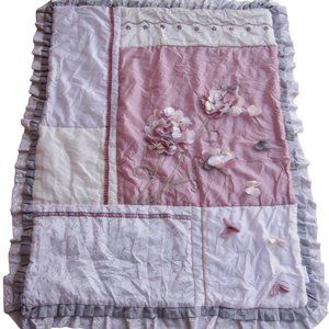 Kidsline Floral Pink & White Crib Quilt Ruffle Edges 3D Flowers Embroidery Mauve